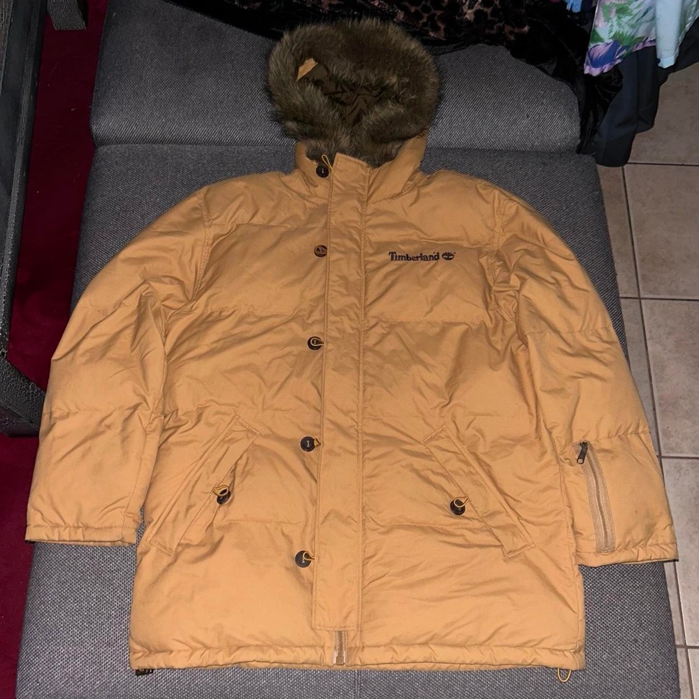 Vintage Timberland Tan & Brown Puffer Goose Down Jacket with Fur Hood Size XL